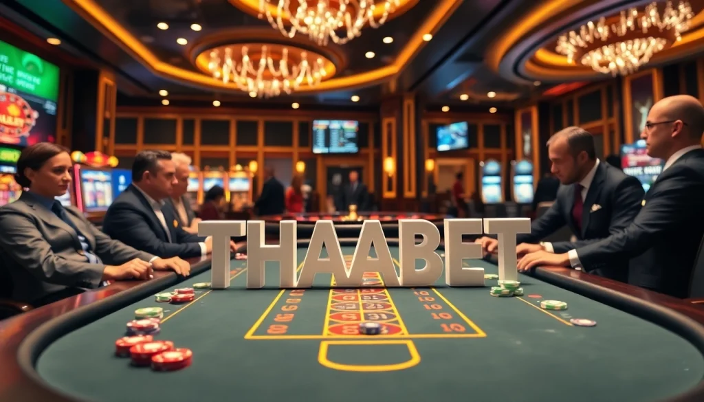 Engaged players at a THABET poker table with colorful chips and a glamorous casino setting.
