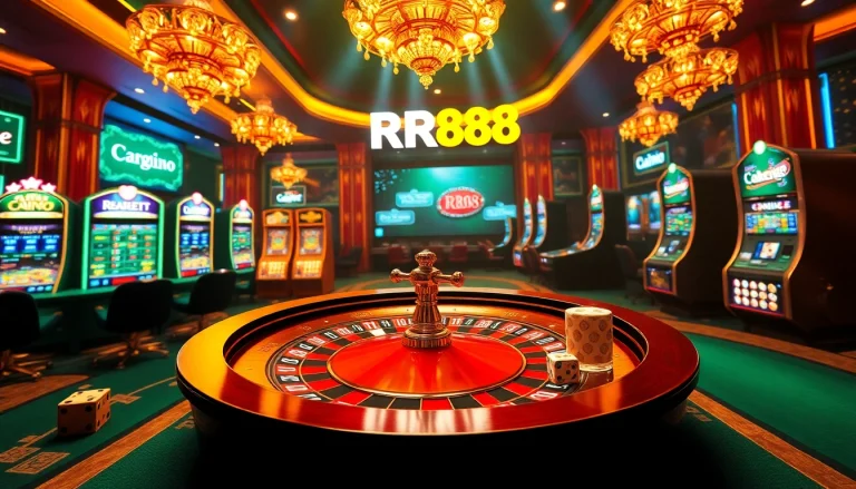 Exciting RR88 casino scene showcasing roulette, poker, and slot machines for online gambling.