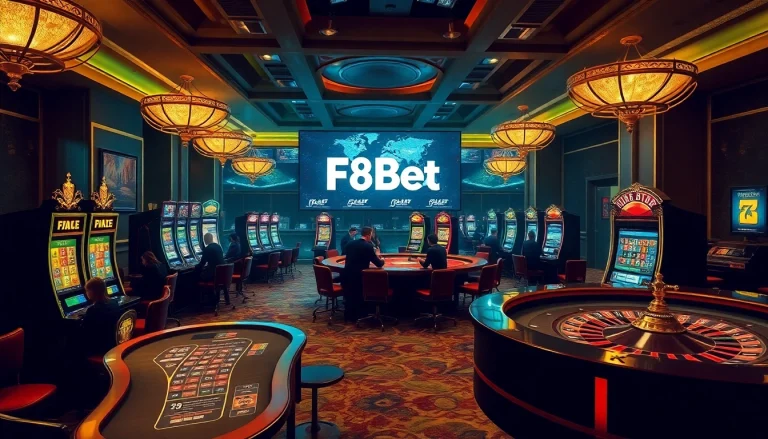 F8Bet players enjoying a thrilling game at a luxurious casino table with vibrant slot machines.