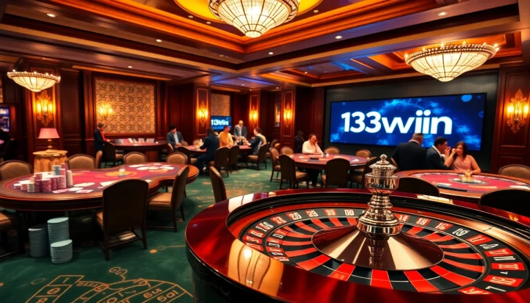 Exciting 13win online gaming scene with professional poker tables and roulette wheel.