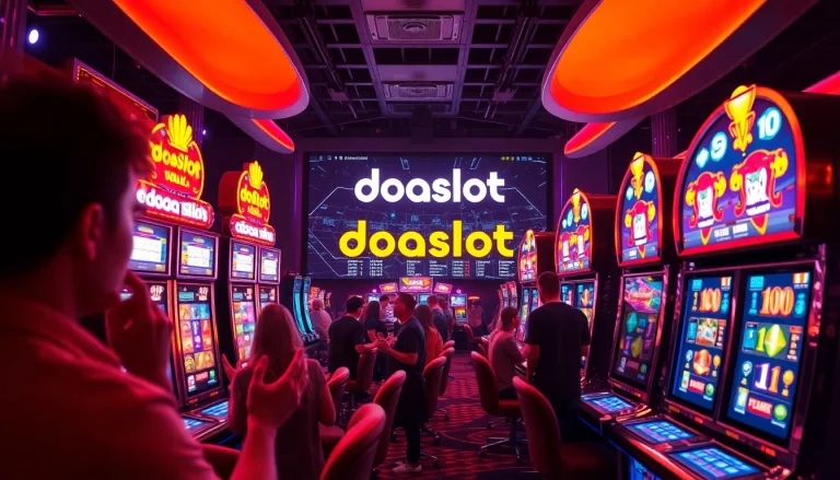 Exciting view of vibrant slot machines in an online casino with doaslot branding in the background, showcasing the thrill of gambling.