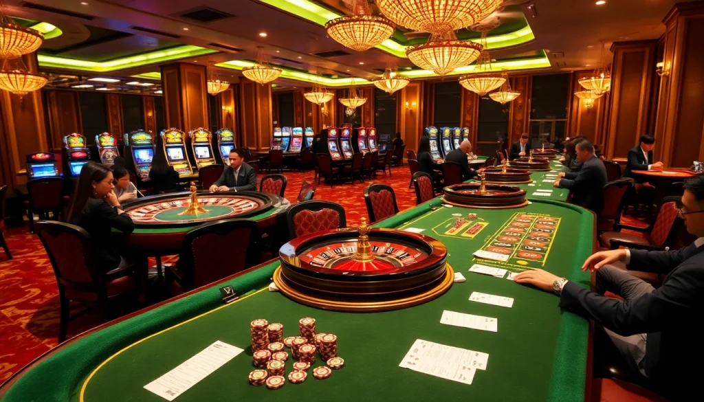 Liên minh quốc tế KJC engaging players at luxurious casino tables with vibrant games.