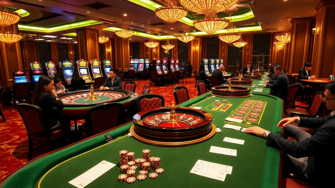 Liên minh quốc tế KJC engaging players at luxurious casino tables with vibrant games.