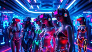 Futuristic scene showcasing AI-generated adult content with diverse avatars and vibrant colors, representing the concept of porn ai.