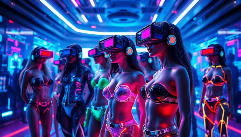 Futuristic scene showcasing AI-generated adult content with diverse avatars and vibrant colors, representing the concept of porn ai.