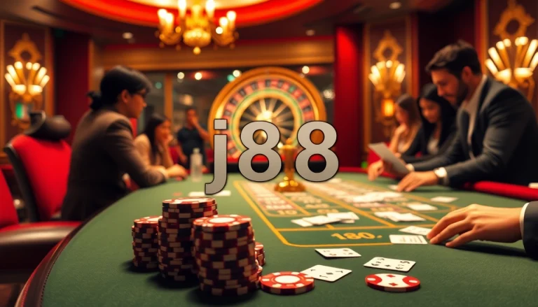 Experience the thrill of the j88 casino with luxurious gaming tables and excited players.