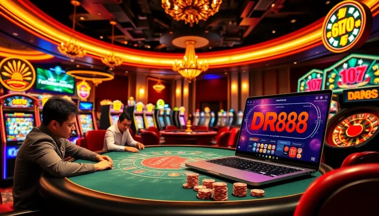 Exciting poker game at DR88 with vibrant slot machines and roulette wheels.