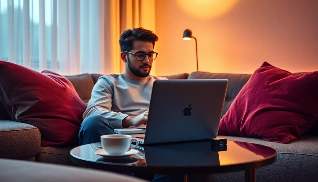 Engaging in ai sex chat on a sleek digital device in a cozy modern setting.