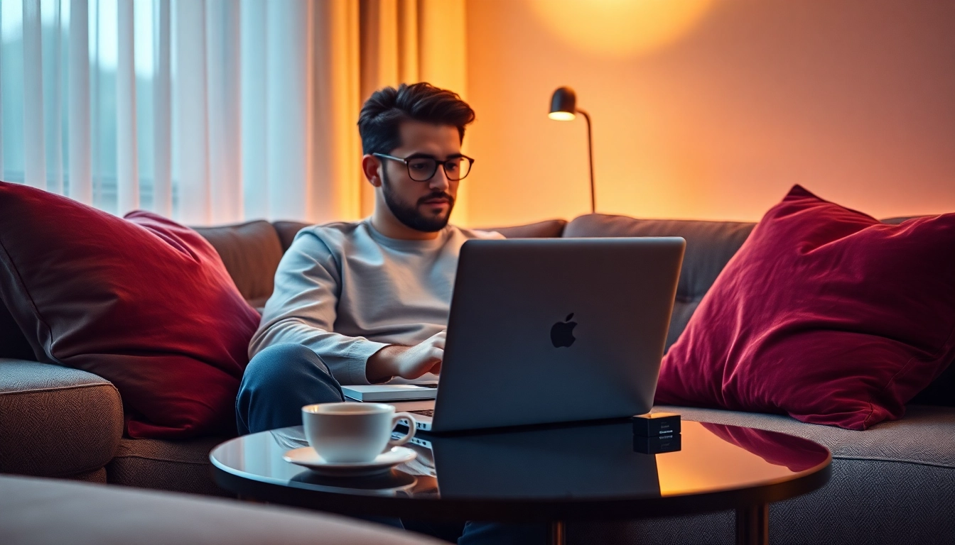 Engaging in ai sex chat on a sleek digital device in a cozy modern setting.