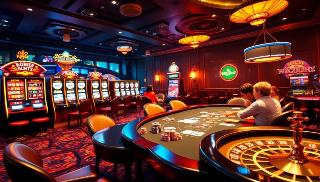 Players engaging in exciting games at abc8.lol casino, showcasing an array of vibrant slot machines and poker action.