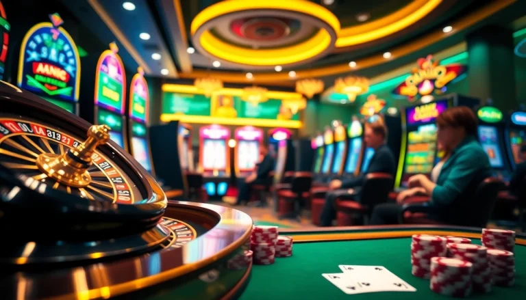 Experience the excitement of keonhacai with a bustling casino scene featuring cards, poker chips, and a spinning roulette wheel.