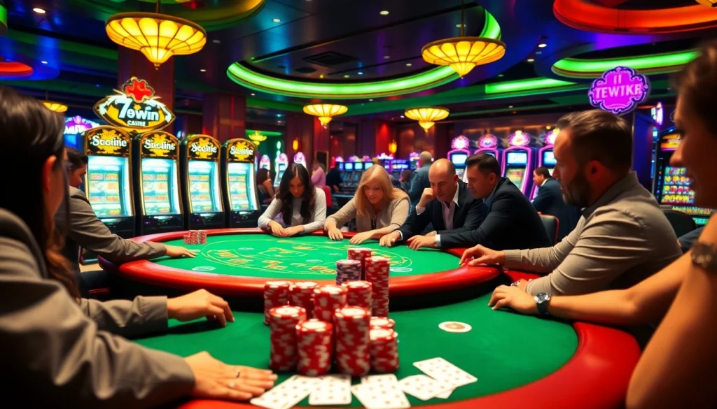 Experience the thrill of the 789win club with players enjoying an exciting poker game and antique slot machines.