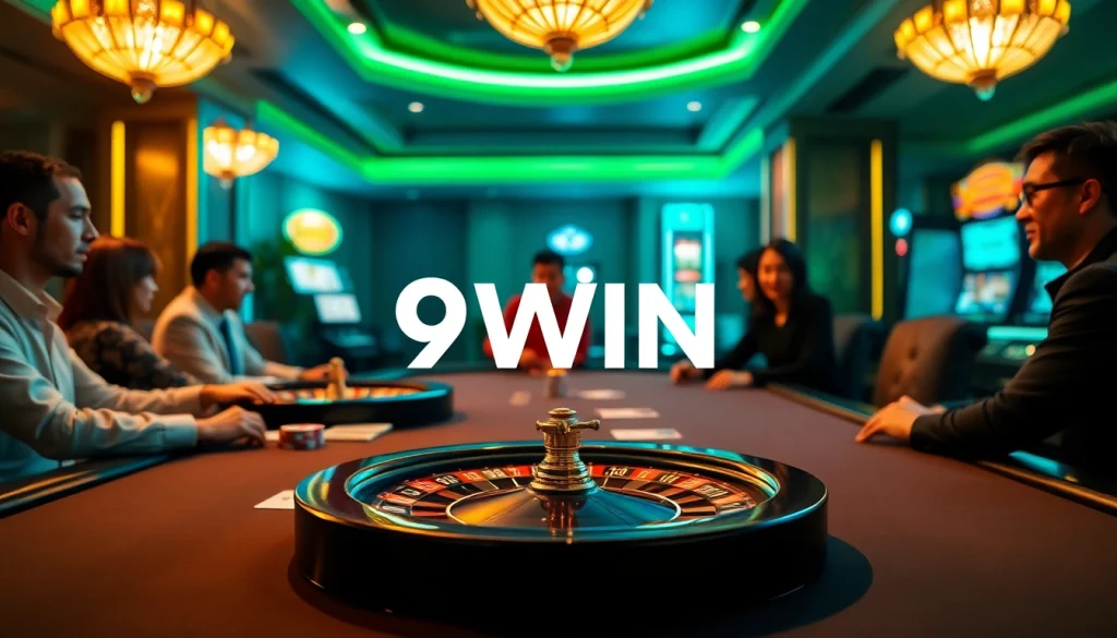 The vibrant casino atmosphere at nhà cái 9WIN featuring poker, roulette, and slot machines.