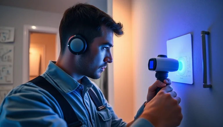 Technician detecting central heating hidden leak using advanced thermal imaging technology.