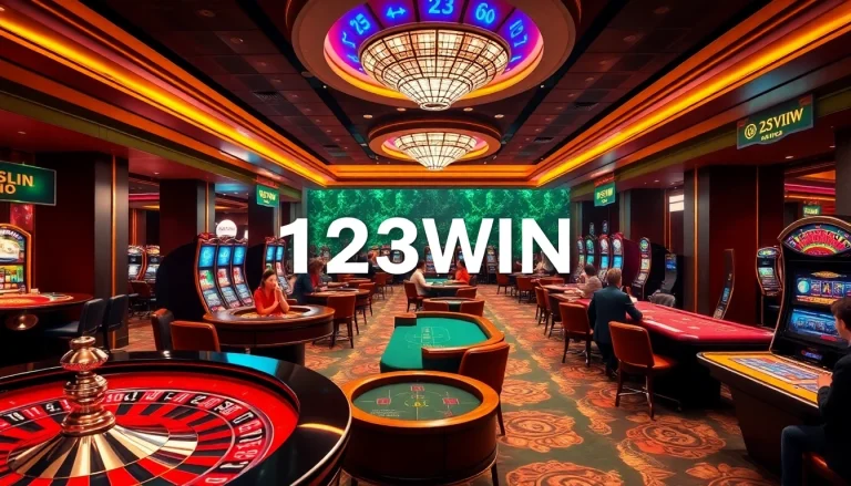 Players enjoying various games at nhà cái 123WIN, showcasing excitement and luxury in a vibrant casino environment.