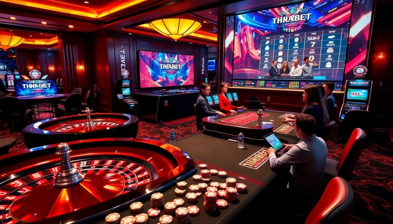 Engaging players at THABET casino with vibrant roulette and poker tables in a luxurious setting