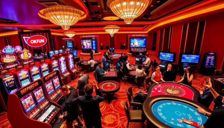 Excited players gambling at OKFUN casino tables with vibrant visuals.