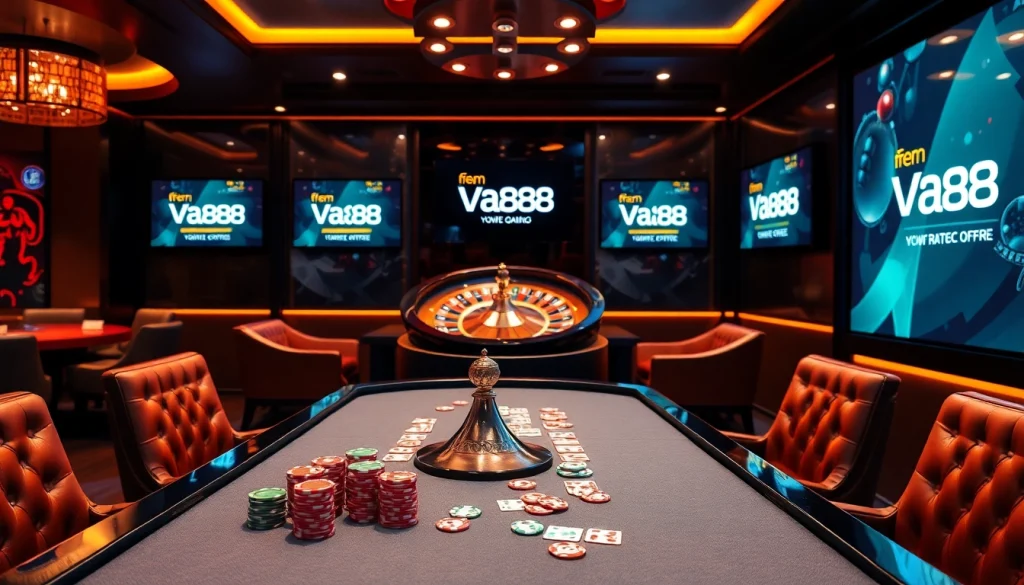 Engaging Va88 casino environment with vibrant roulette wheel and high-end gaming tables.