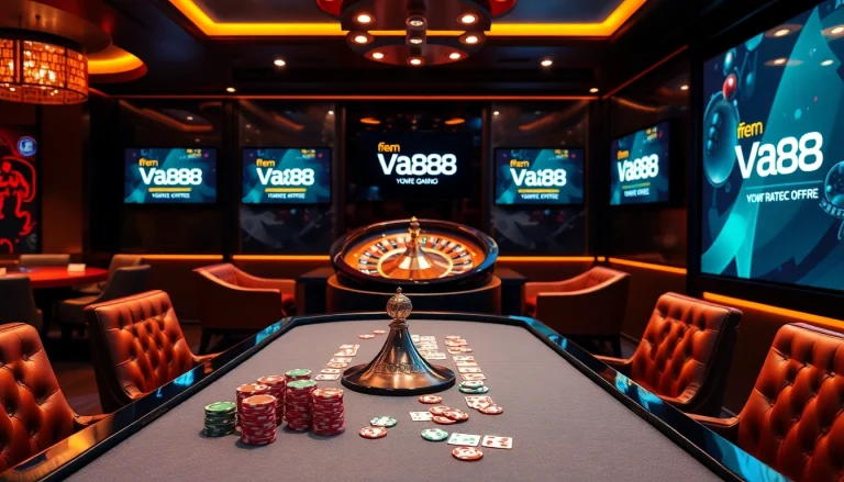 Engaging Va88 casino environment with vibrant roulette wheel and high-end gaming tables.