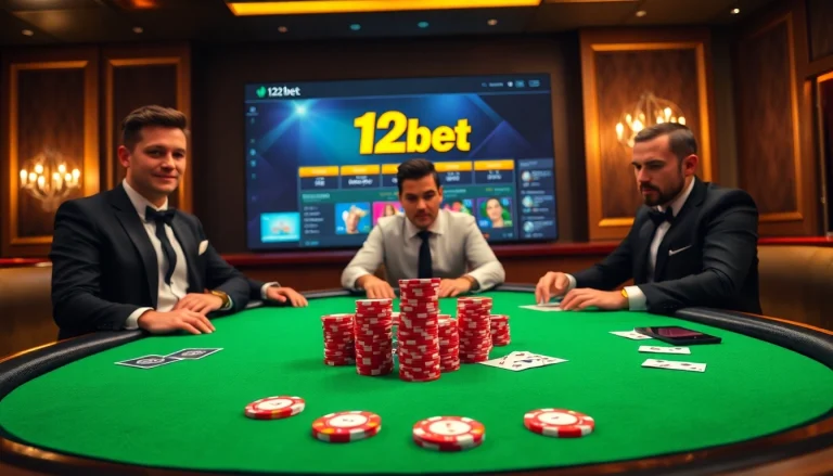 Players enjoying a hand of poker at a luxurious casino table featuring 12bet branding.