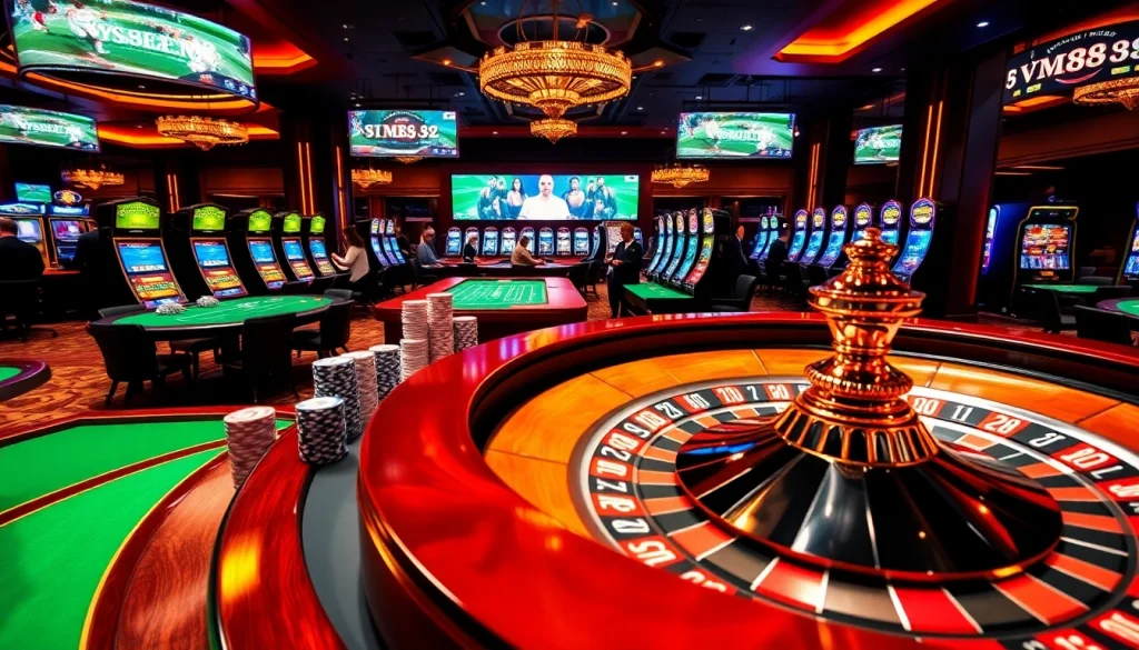 Players enjoying a vibrant casino experience with VM88, featuring exciting table games and slot machines.