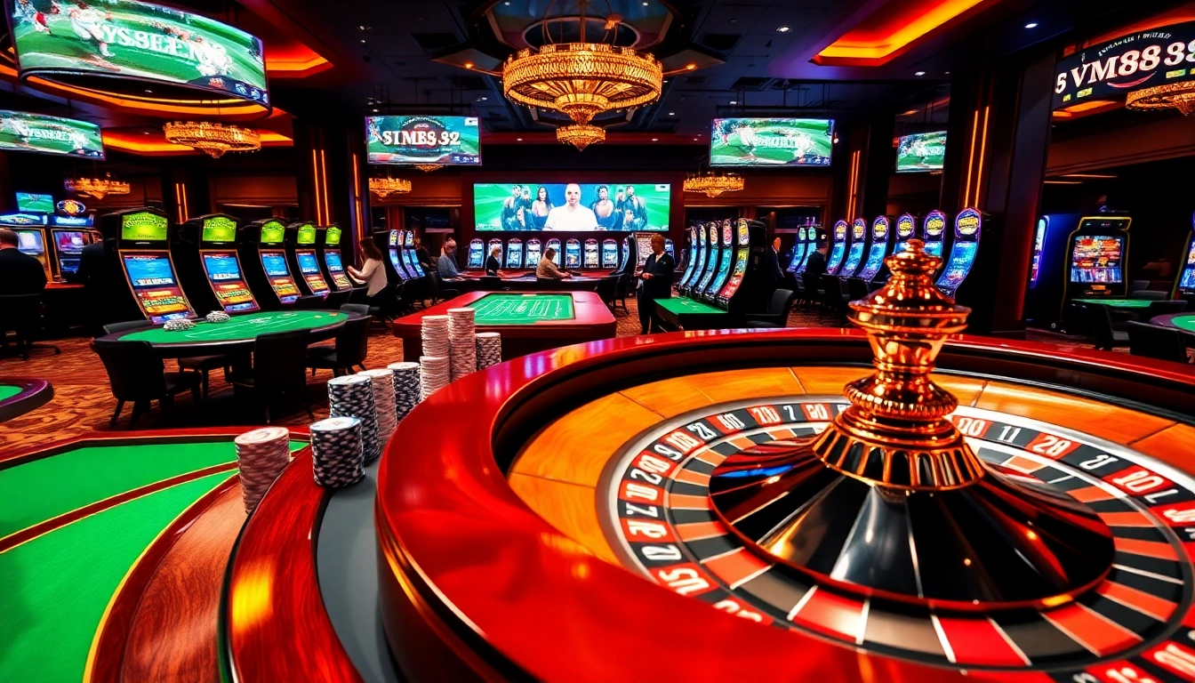 Players enjoying a vibrant casino experience with VM88, featuring exciting table games and slot machines.