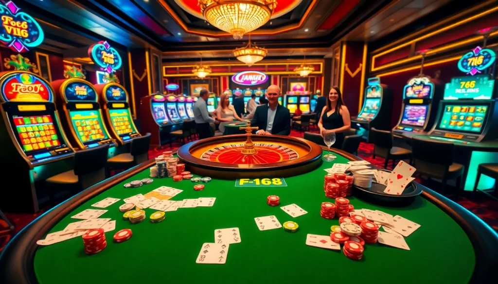 Engaging scene of players enjoying F168 casino games at a vibrant poker table, with cards and chips.