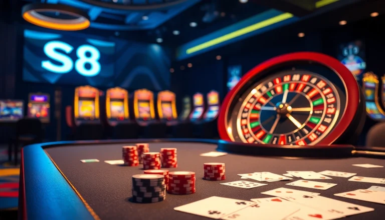 Experience thrilling gameplay at S8 with a vibrant casino table showcasing professional poker chips and a roulette wheel.