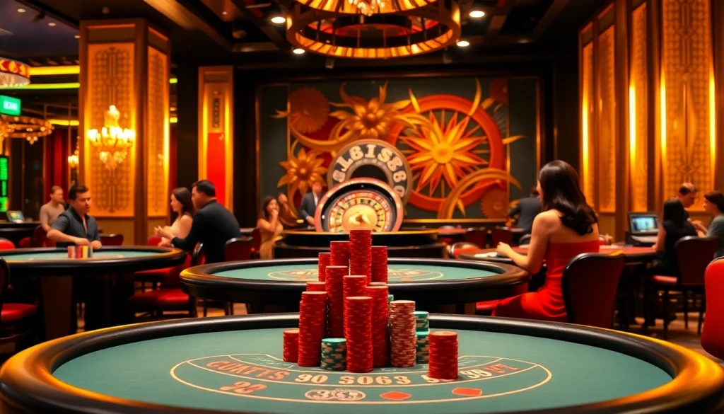 Experience excitement at jun88 casino with stylish poker tables and vibrant players celebrating their wins.
