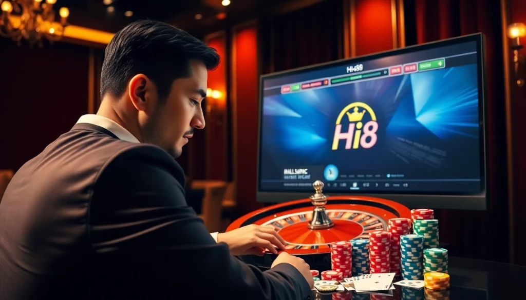 Exciting gambling moment featured at Nhà cái Hi88 with poker chips and a roulette wheel, embodying thrill.