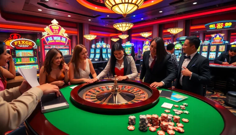 Exciting MM88 casino scene with players at a roulette table and vibrant slot machines.