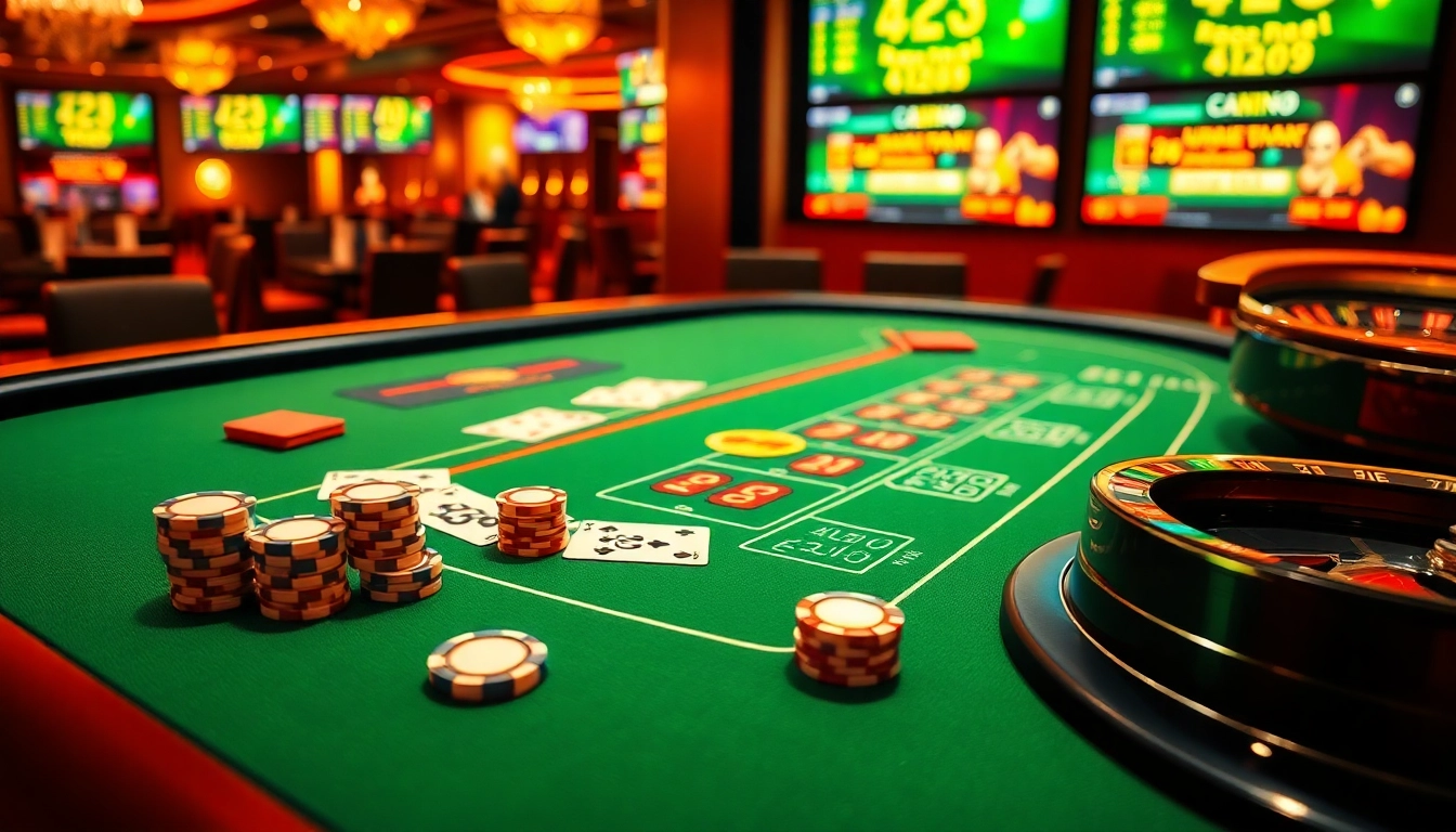 Engage with the thrilling online casino environment of https://xx88.boats/, showcasing a blackjack table and roulette wheel.