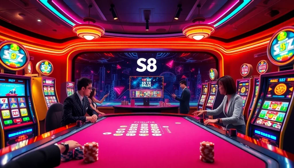 A lively casino scene showcasing players enjoying games at S8, with vibrant casino tables and slot machines.