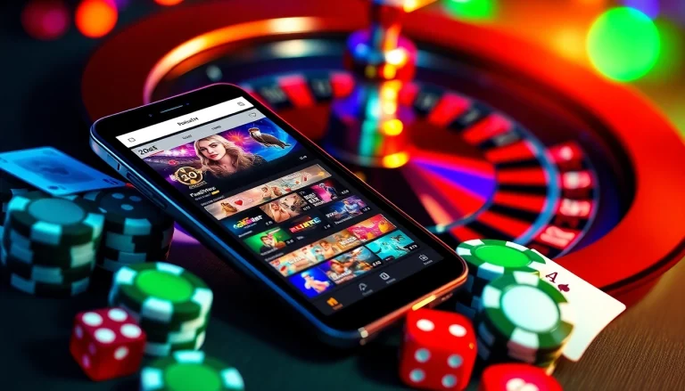 Exciting scene of a smartphone showcasing the 20bet App amidst casino elements like dice and poker chips.