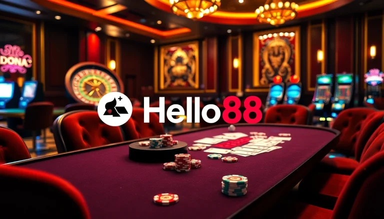 Experience the thrill of gambling at Hello88 with vibrant casino elements and luxurious ambiance.