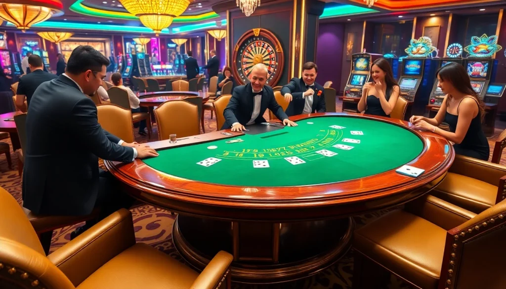 Experience the excitement at Trang Chủ BJ88 with players celebrating wins at a luxurious blackjack table.