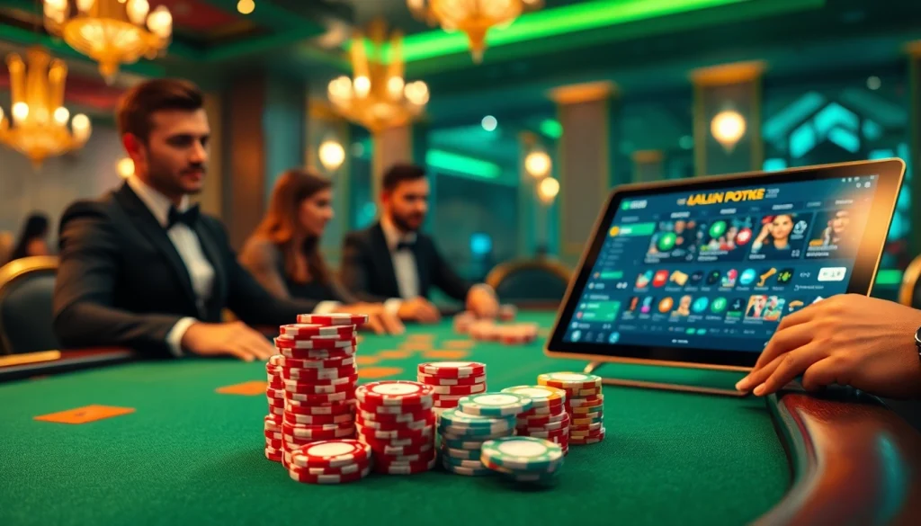 Engaged players at uu88 poker table with colorful chips and cards in a vibrant casino setting.