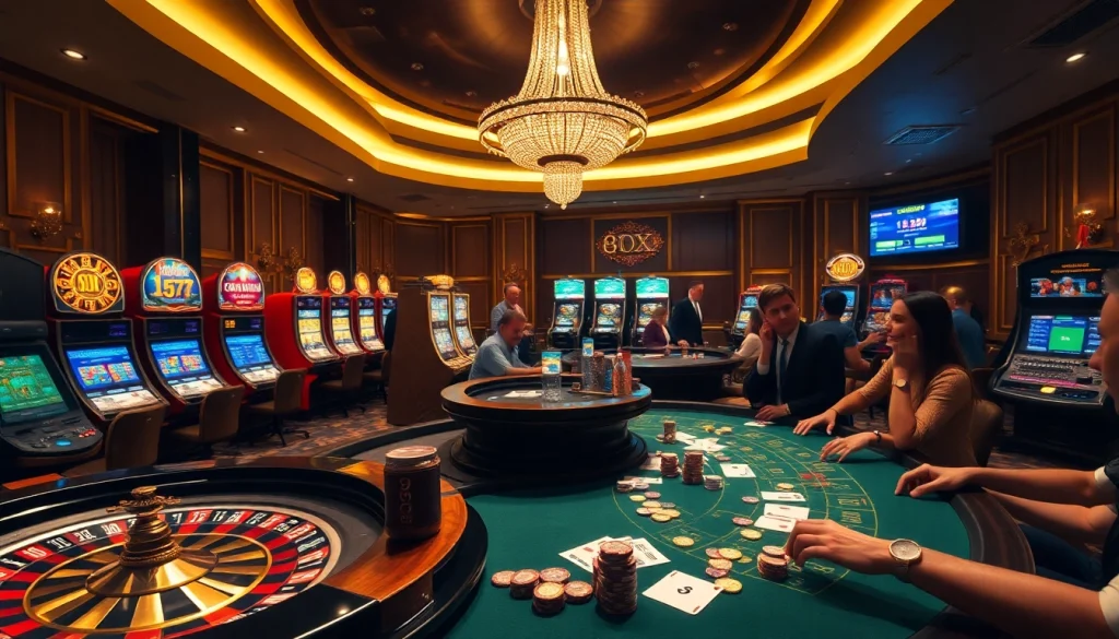 8XX-themed casino scene with roulette wheel, vibrant slot machines, and excited players.