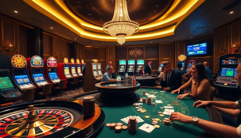 8XX-themed casino scene with roulette wheel, vibrant slot machines, and excited players.