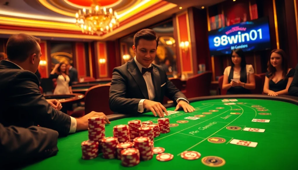 Exciting online gambling scene with players engaged at a blackjack table on 98win01 platform.