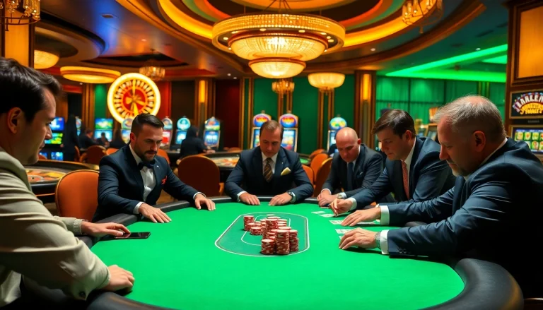 TOPVIP gamblers engaging at an elite casino table, showcasing intense poker action and vibrant gaming atmosphere.
