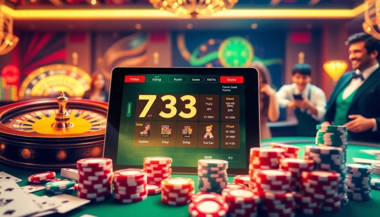 Players enjoying the 733bet App with casino elements like poker chips and roulette wheels.