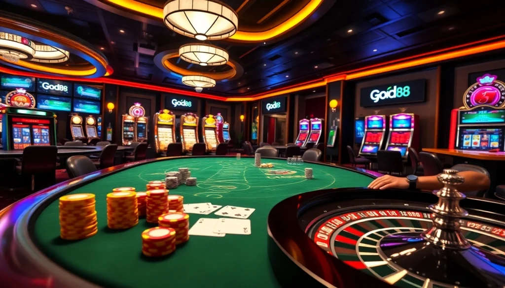 Engage with the thrilling atmosphere of GOOD88 featuring poker chips and cards on an elegant casino table.