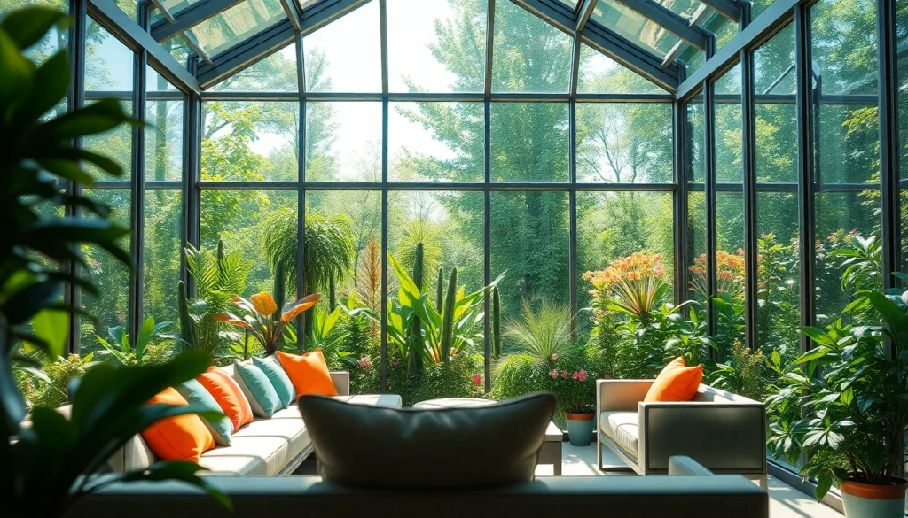 Brightly lit glass sunroom showcasing modern furniture and thriving greenery to create a relaxing space.
