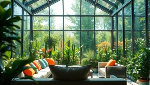 Brightly lit glass sunroom showcasing modern furniture and thriving greenery to create a relaxing space.