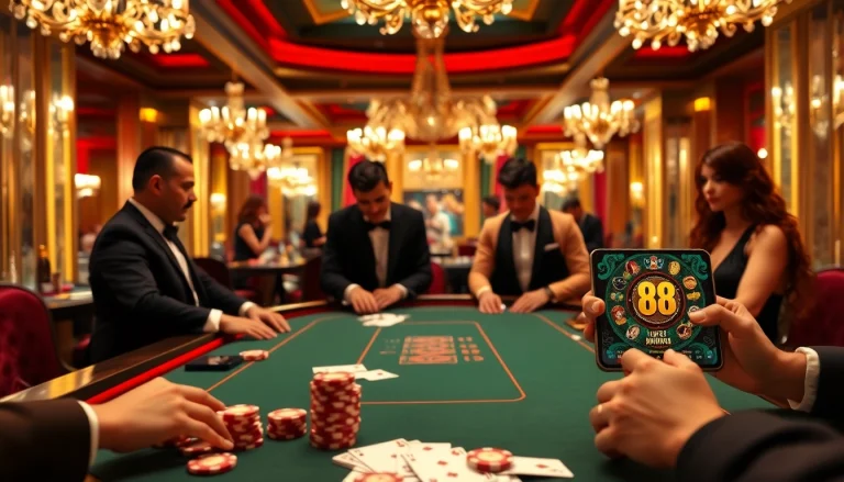 Experience the excitement of 88i nhà cái with a luxurious poker table and stylish gamblers in a vibrant casino setting.