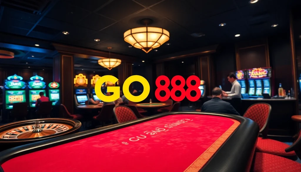 GO88 logo prominently displayed at a luxurious poker table with vibrant casino elements.