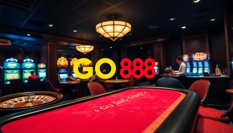 GO88 logo prominently displayed at a luxurious poker table with vibrant casino elements.