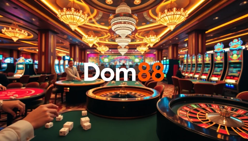 Experience the thrilling world of dom88.us.com with an exciting casino scene featuring poker and roulette gameplay.