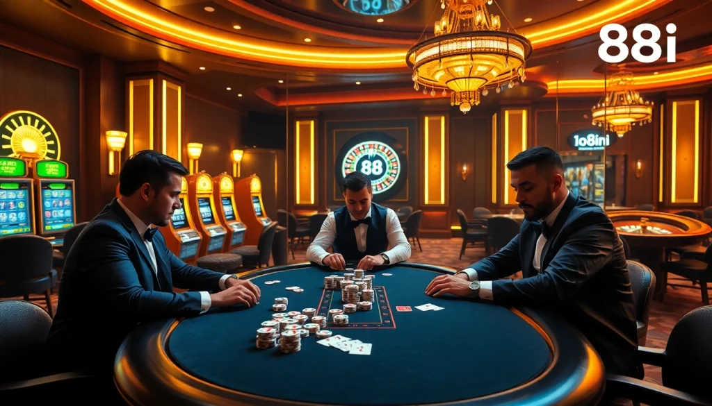 Players enjoying a thrilling poker game at 88i Casino under glamorous lighting.